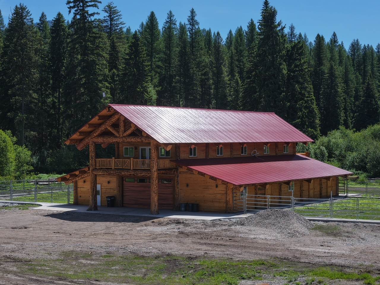 The finished barn from the air in summer